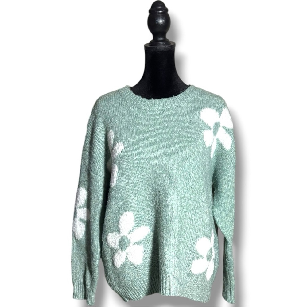 Little Lies M/L Mint Green with White Floral Crewneck Sweater Soft Intarsia Knit - Picture 5 of 16